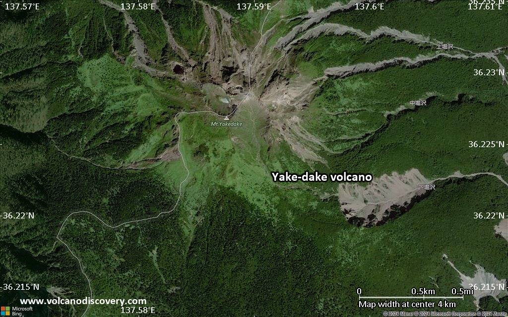 Satellite/aerial-type map of Yake-dake volcano (scale of few kilometers)