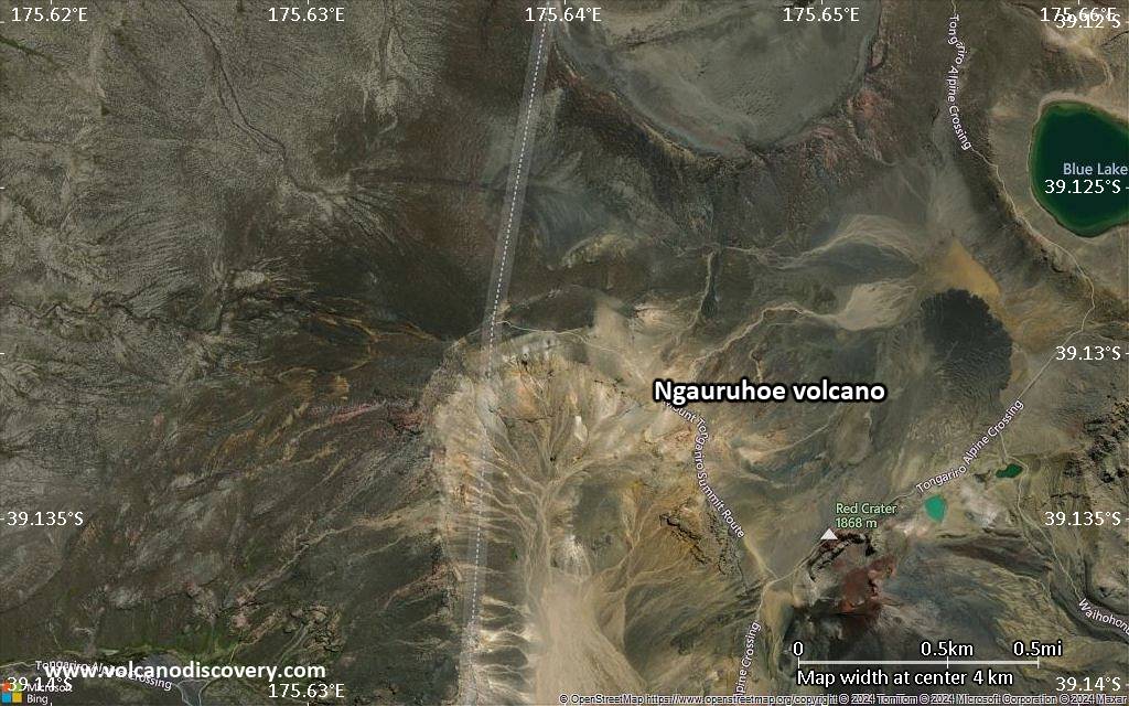 Satellite/aerial-type map of Ngauruhoe volcano (scale of few kilometers)