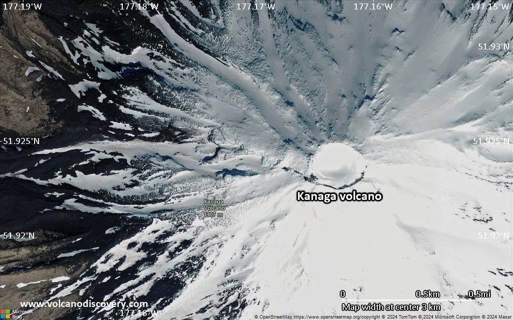 Satellite/aerial-type map of Kanaga volcano (scale of few kilometers)