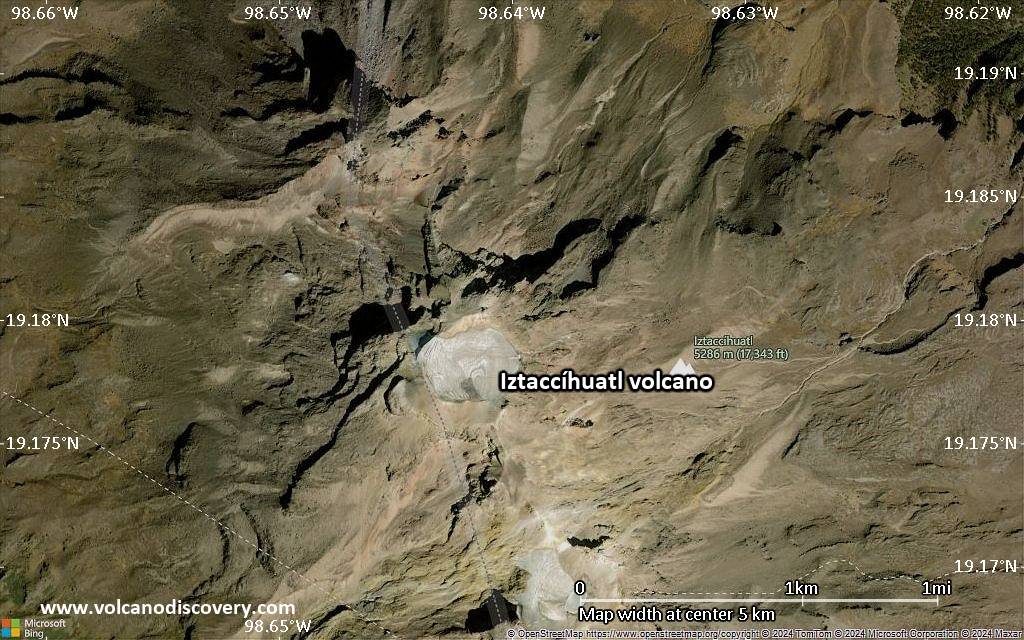Satellite/aerial-type map of Iztaccíhuatl volcano (scale of few kilometers)