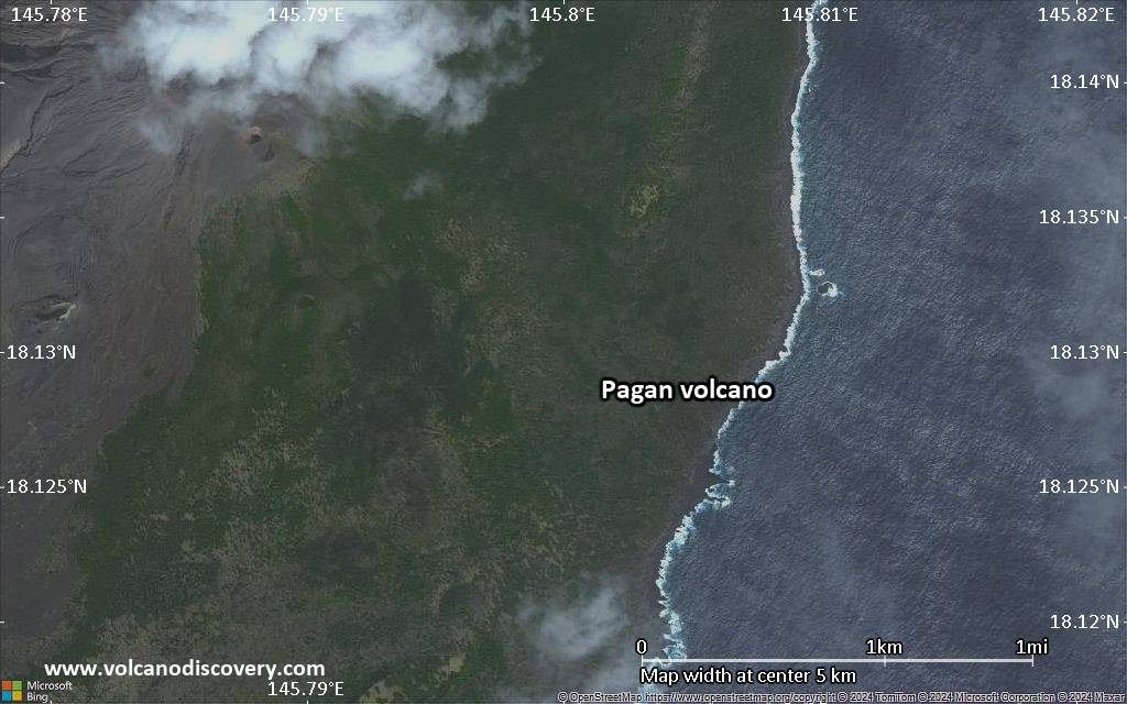 Satellite/aerial-type map of Pagan volcano (scale of few kilometers)