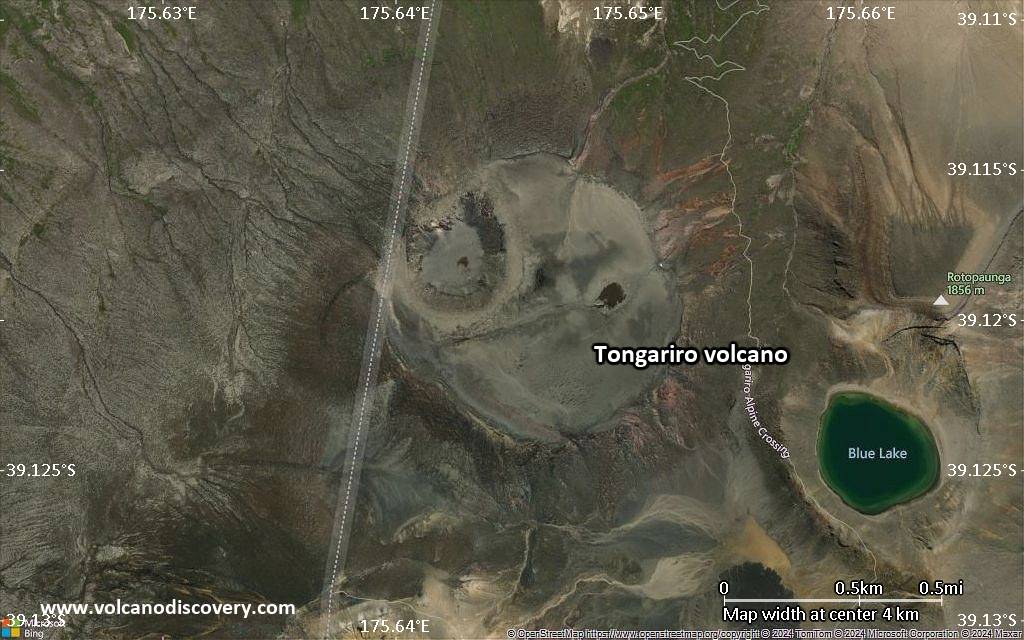 Satellite/aerial-type map of Tongariro volcano (scale of few kilometers)