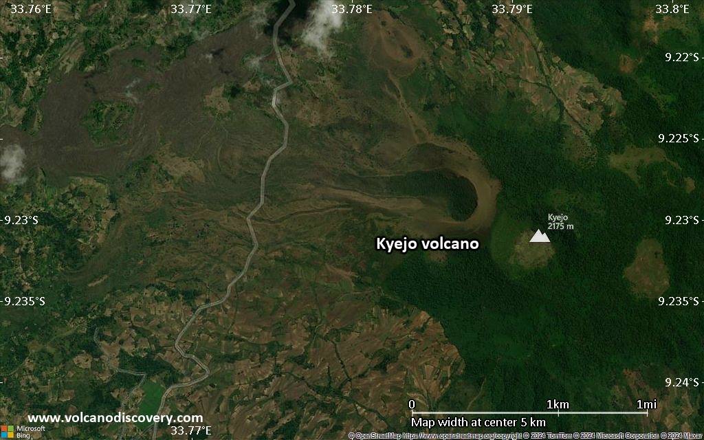 Satellite/aerial-type map of Kyejo volcano (scale of few kilometers)