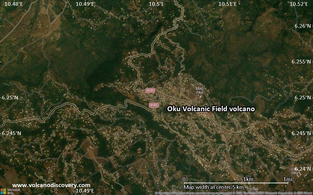 Satellite/aerial-type map of Oku Volcanic Field volcano (scale of few kilometers)