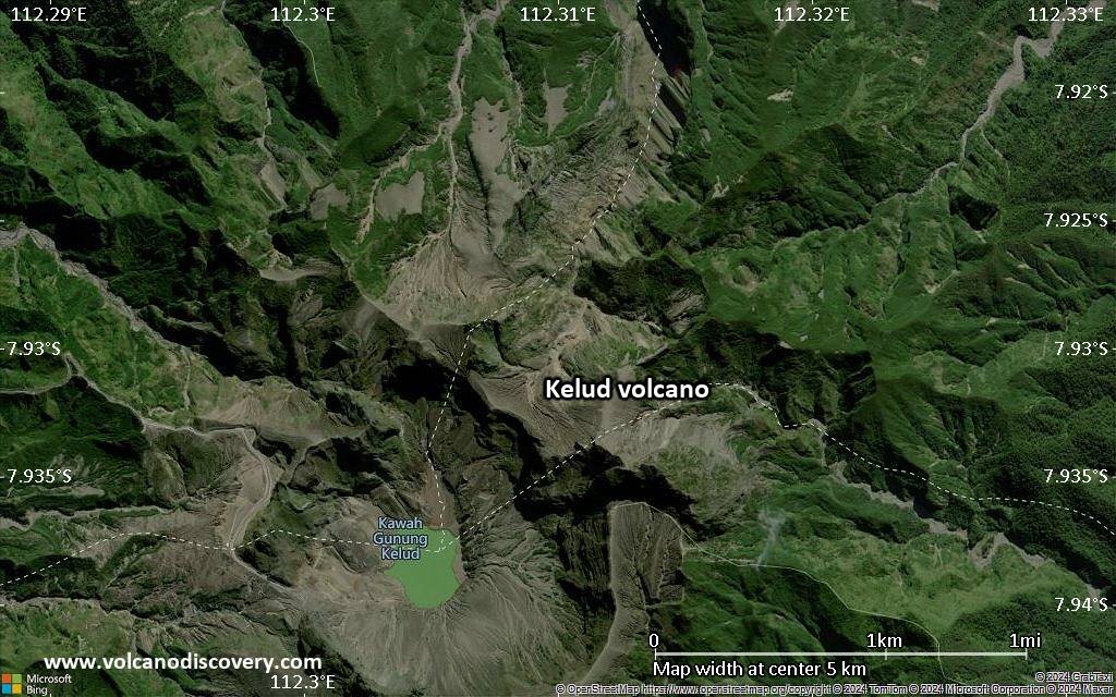 Satellite/aerial-type map of Kelud volcano (scale of few kilometers)