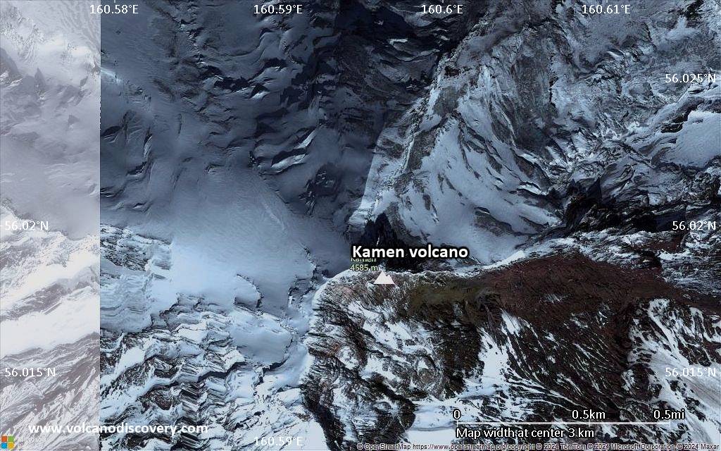 Satellite/aerial-type map of Kamen volcano (scale of few kilometers)