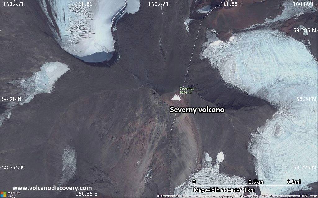 Satellite/aerial-type map of Severny volcano (scale of few kilometers)