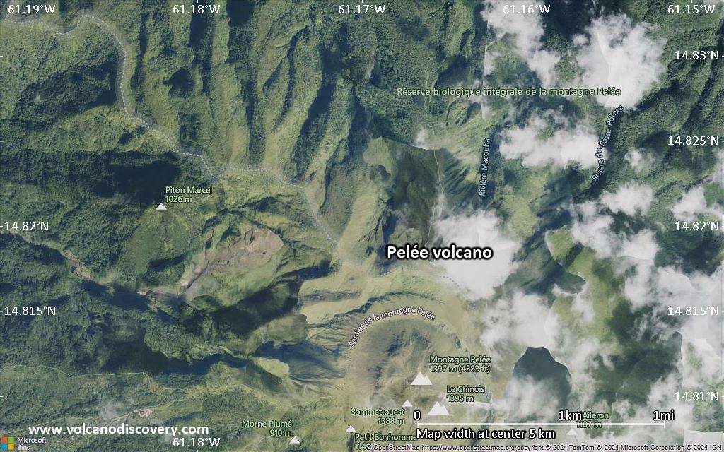 Satellite/aerial-type map of Pelée volcano (scale of few kilometers)