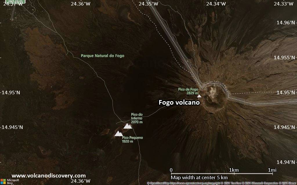 Satellite/aerial-type map of Fogo volcano (scale of few kilometers)