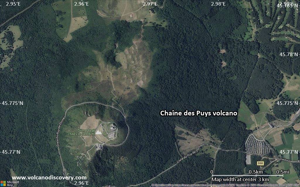Satellite/aerial-type map of Chaîne des Puys volcano (scale of few kilometers)
