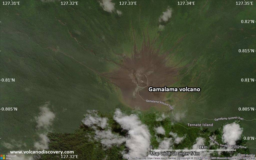 Satellite/aerial-type map of Gamalama volcano (scale of few kilometers)