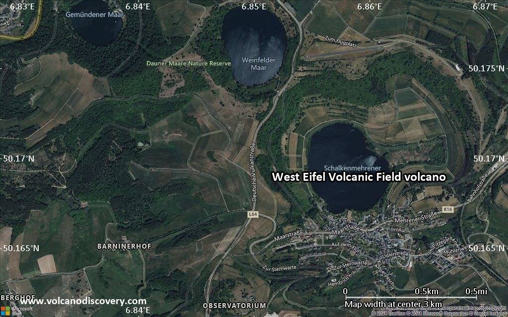 Satellite/aerial-type map of West Eifel Volcanic Field volcano (scale of few kilometers)