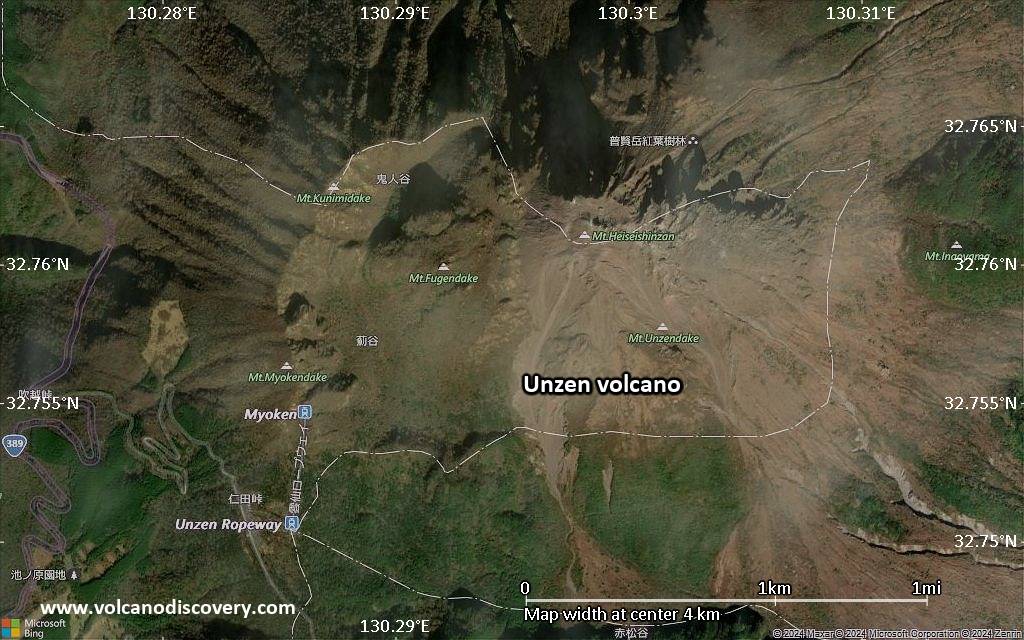 Satellite/aerial-type map of Unzen volcano (scale of few kilometers)