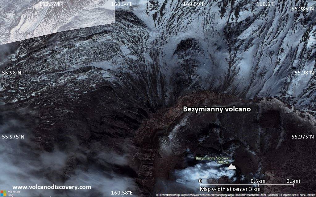 Satellite/aerial-type map of Bezymianny volcano (scale of few kilometers)