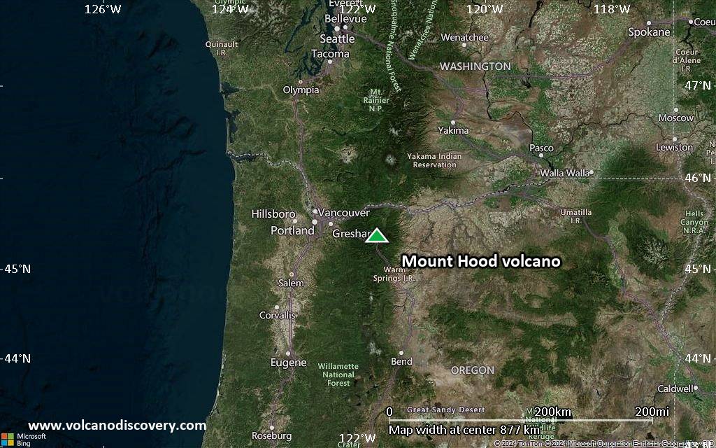 Satellite/aerial-type map of Mount Hood volcano (region scale small)