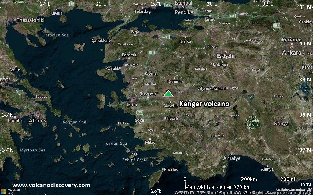 Satellite/aerial-type map of Kenger volcano (region scale small)