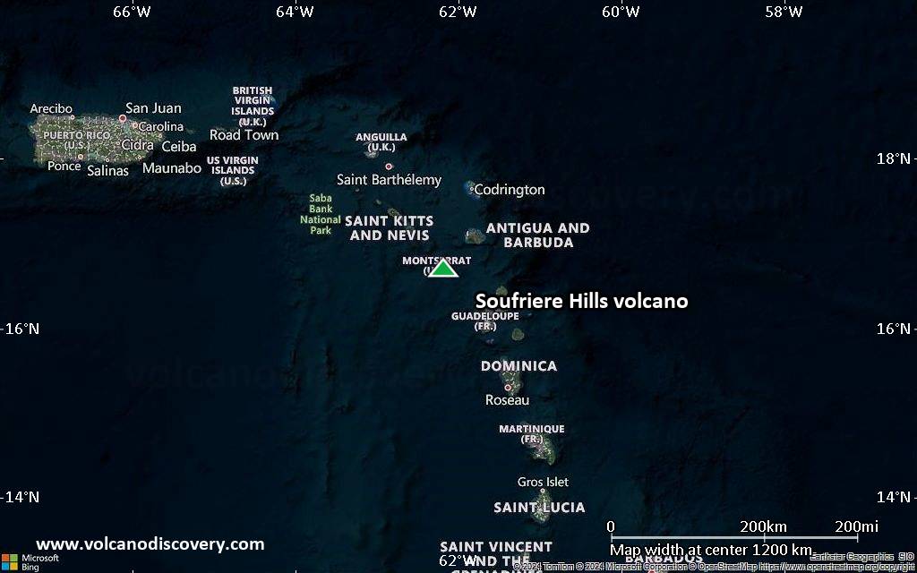 Satellite/aerial-type map of Soufriere Hills volcano (region scale small)