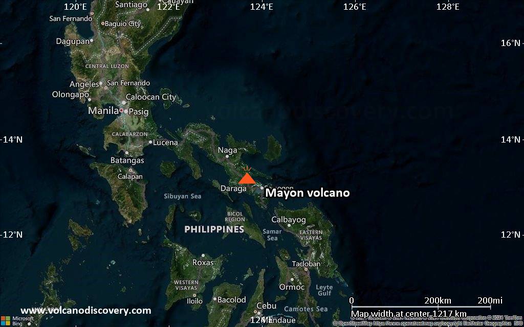 Satellite/aerial-type map of Mayon volcano (region scale small)