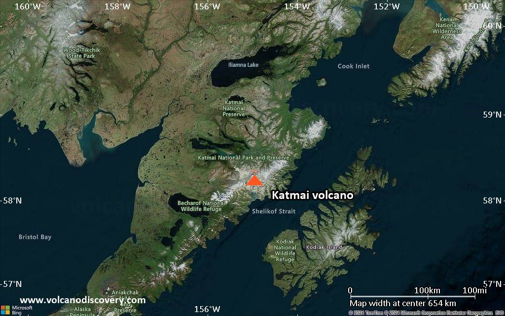 Satellite/aerial-type map of Katmai volcano (region scale small)