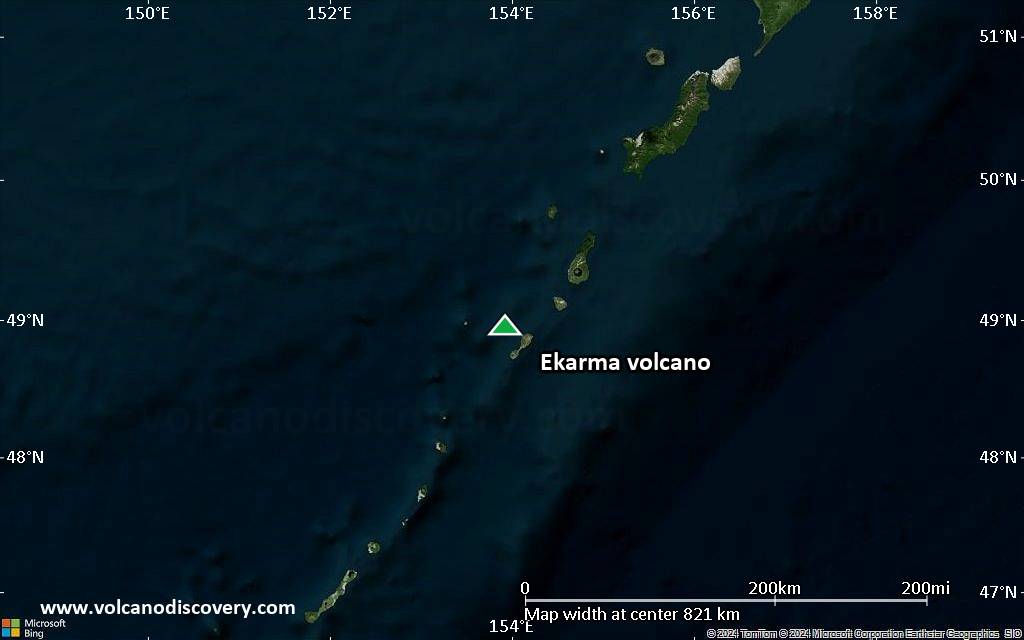Satellite/aerial-type map of Ekarma volcano (region scale small)