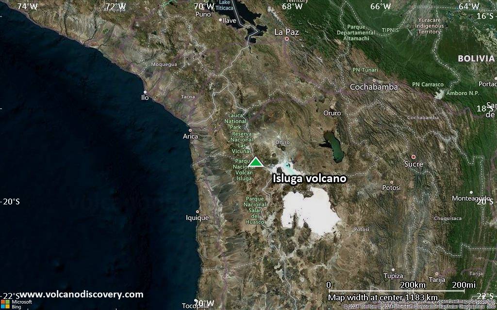 Satellite/aerial-type map of Isluga volcano (region scale small)