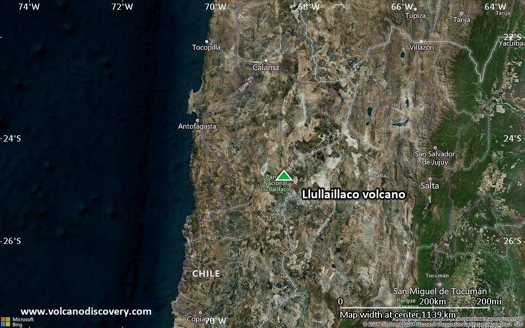Satellite/aerial-type map of Llullaillaco volcano (region scale small)