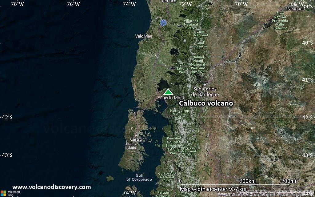Satellite/aerial-type map of Calbuco volcano (region scale small)