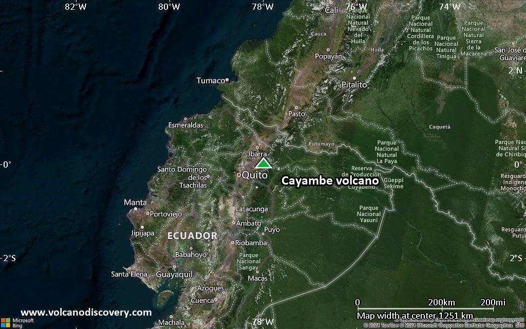 Satellite/aerial-type map of Cayambe volcano (region scale small)