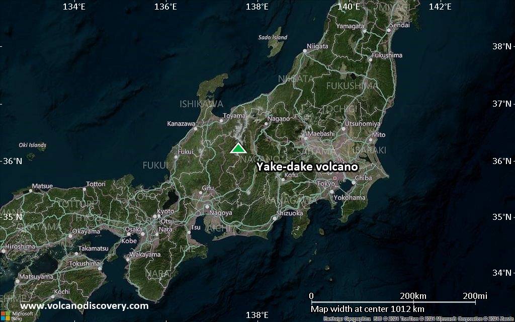 Satellite/aerial-type map of Yake-dake volcano (region scale small)