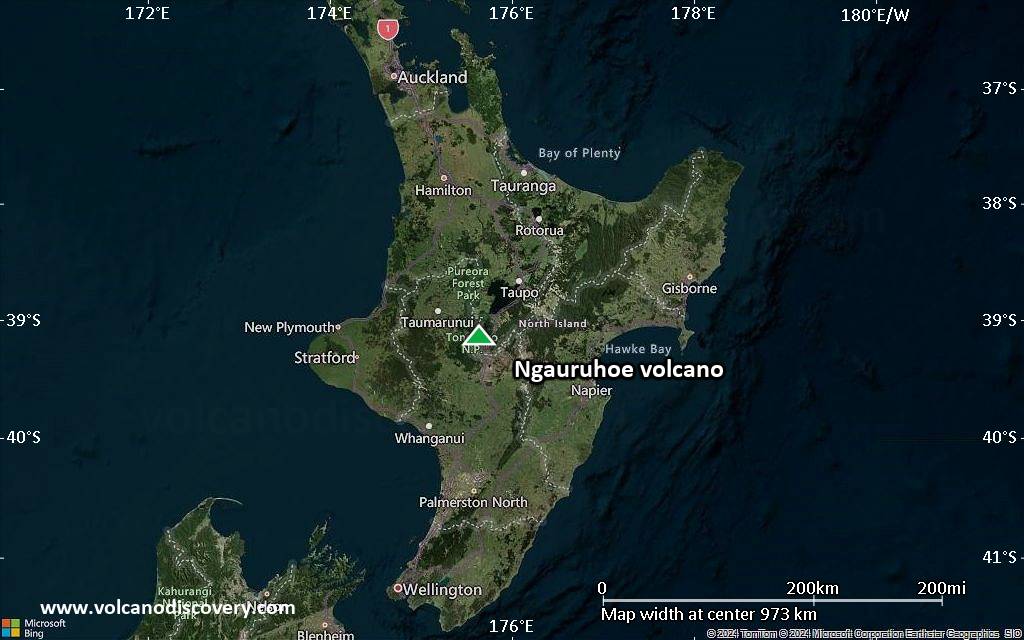 Satellite/aerial-type map of Ngauruhoe volcano (region scale small)