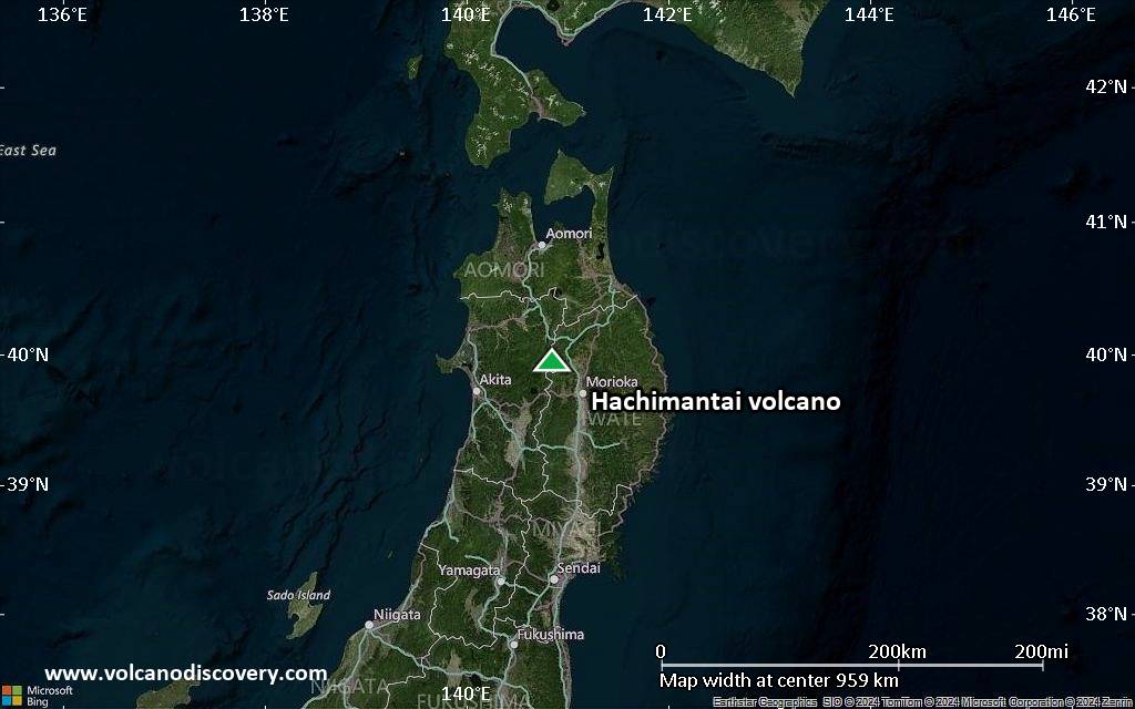 Satellite/aerial-type map of Hachimantai volcano (region scale small)