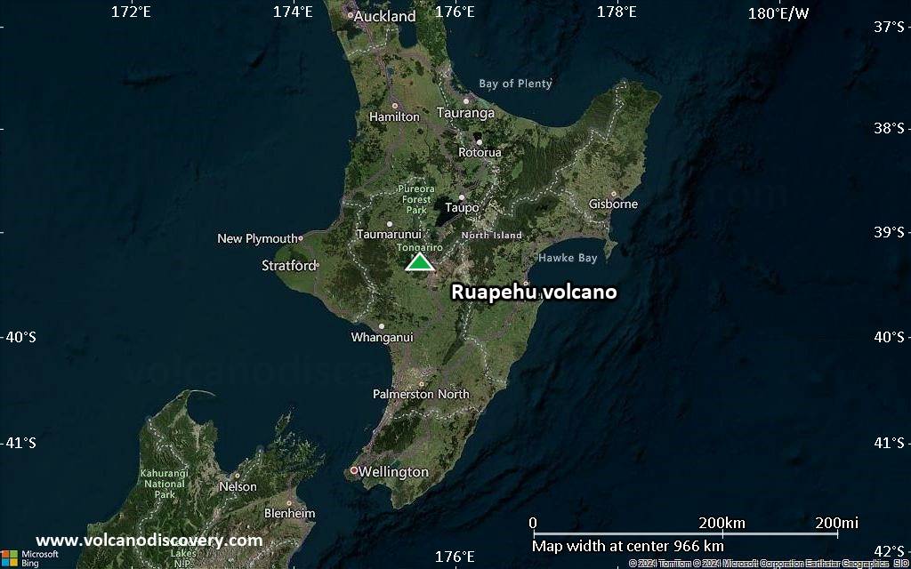 Satellite/aerial-type map of Ruapehu volcano (region scale small)