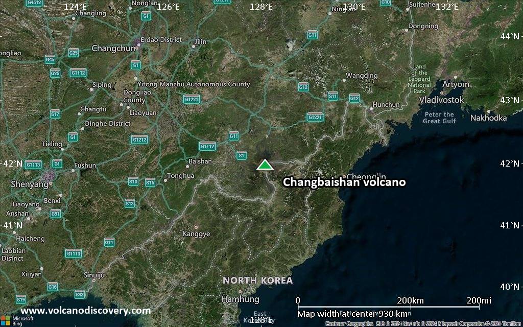 Satellite/aerial-type map of Changbaishan volcano (region scale small)