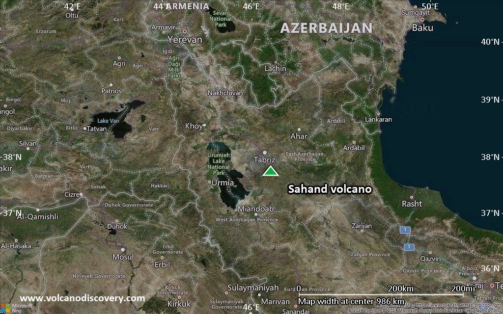 Satellite/aerial-type map of Sahand volcano (region scale small)
