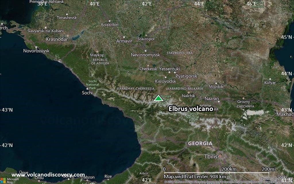 Satellite/aerial-type map of Elbrus volcano (region scale small)