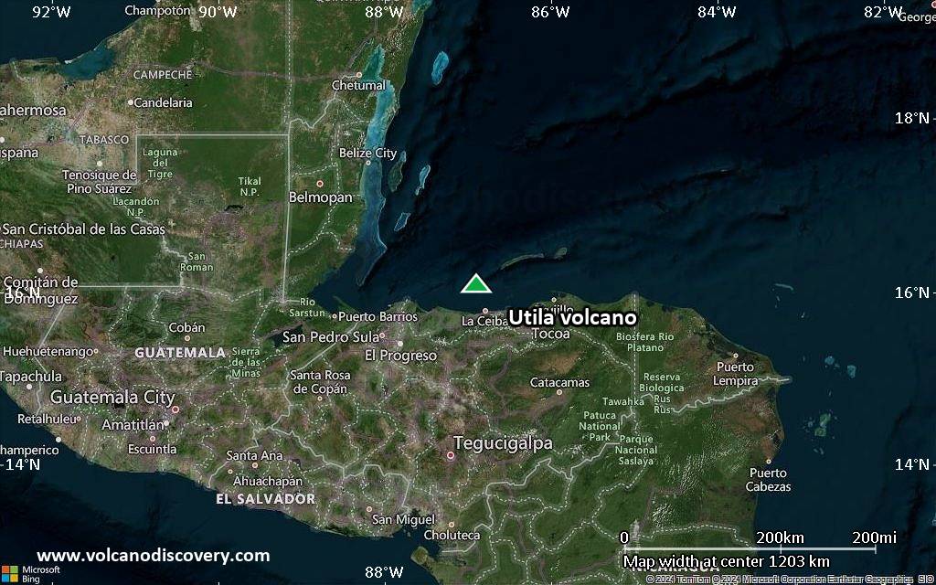 Satellite/aerial-type map of Utila volcano (region scale small)