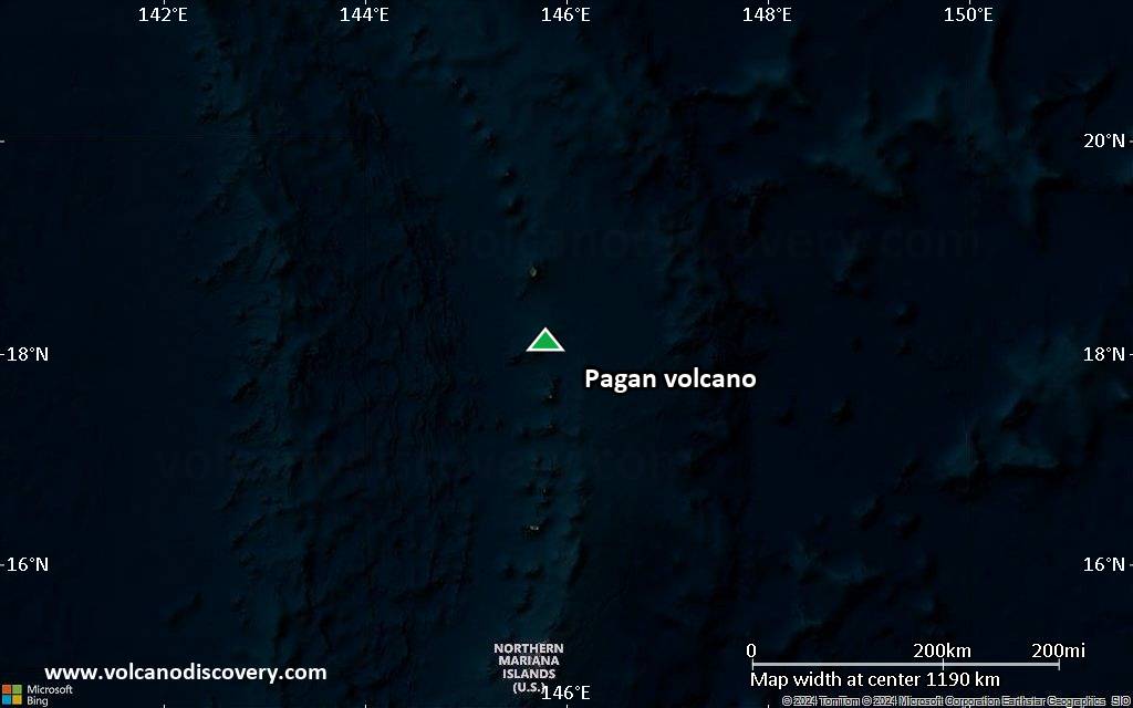 Satellite/aerial-type map of Pagan volcano (region scale small)