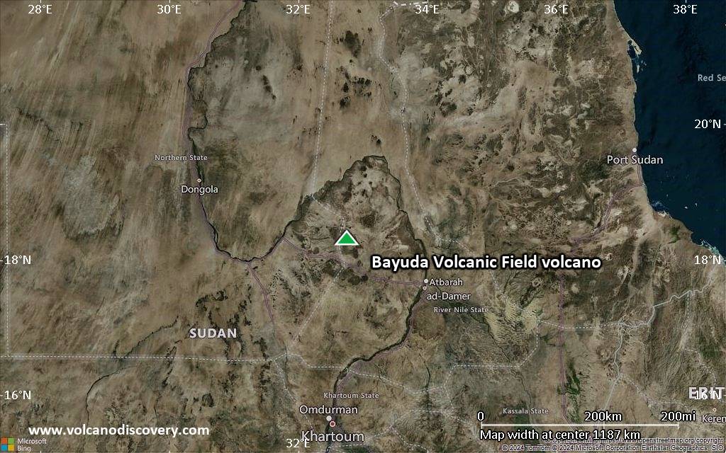 Satellite/aerial-type map of Bayuda Volcanic Field volcano (region scale small)