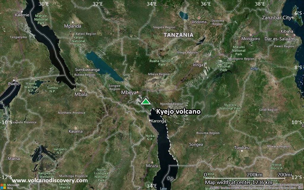 Satellite/aerial-type map of Kyejo volcano (region scale small)