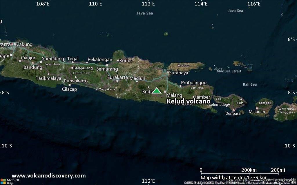 Satellite/aerial-type map of Kelud volcano (region scale small)