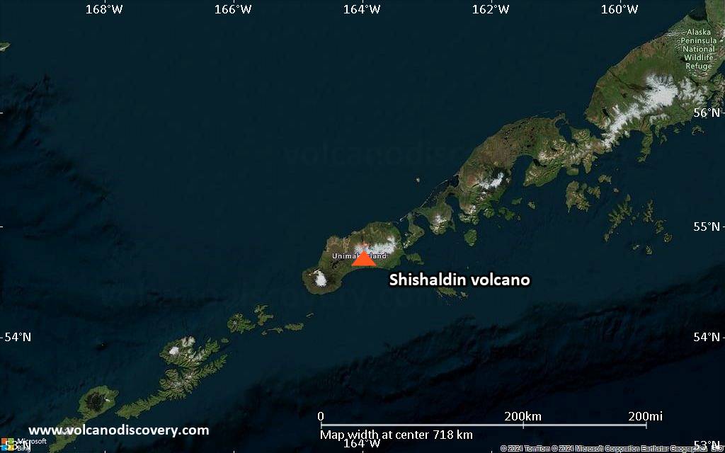 Satellite/aerial-type map of Shishaldin volcano (region scale small)