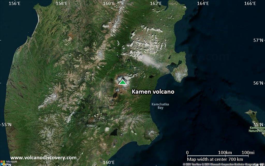 Satellite/aerial-type map of Kamen volcano (region scale small)