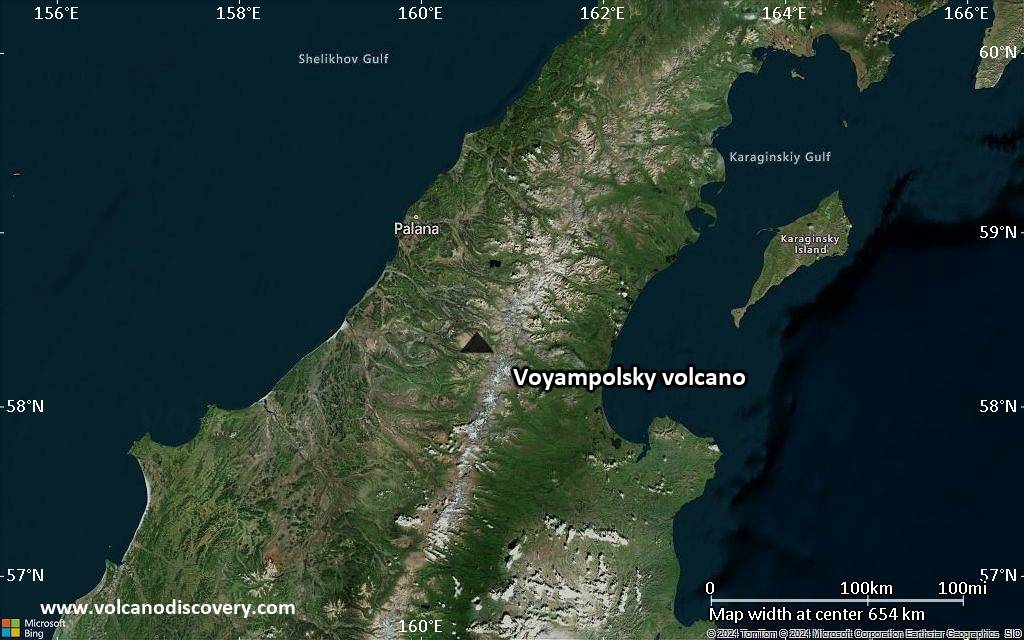 Satellite/aerial-type map of Voyampolsky volcano (region scale small)