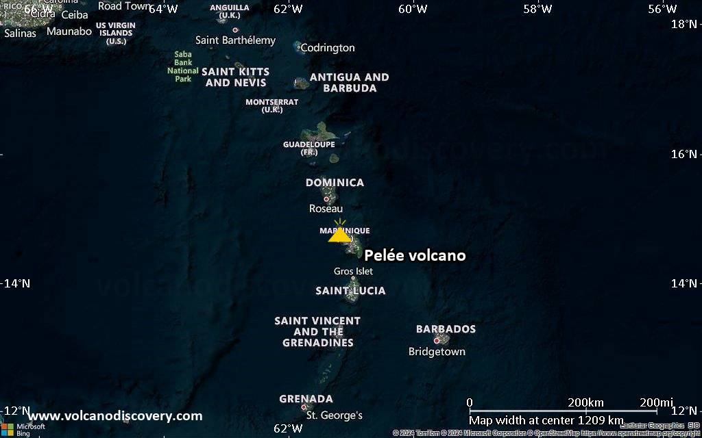 Satellite/aerial-type map of Pelée volcano (region scale small)