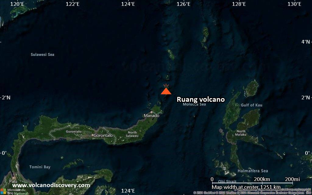 Satellite/aerial-type map of Ruang volcano (region scale small)
