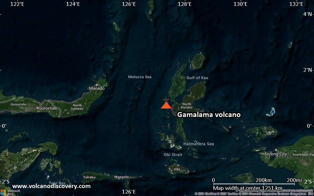 Satellite/aerial-type map of Gamalama volcano (region scale small)