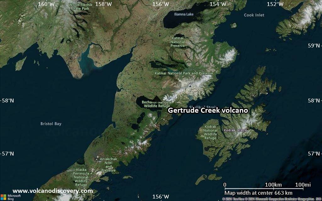 Satellite/aerial-type map of Gertrude Creek volcano (region scale small)