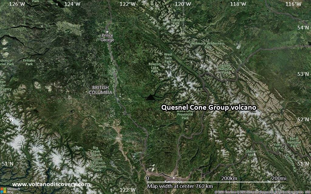 Satellite/aerial-type map of Quesnel Cone Group volcano (region scale small)