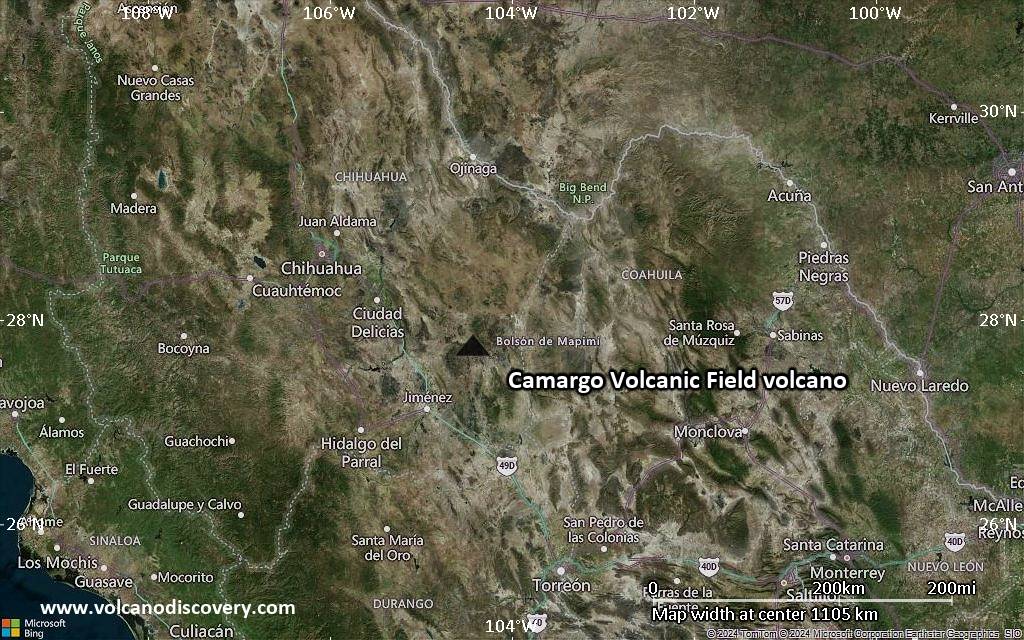 Satellite/aerial-type map of Camargo Volcanic Field volcano (region scale small)
