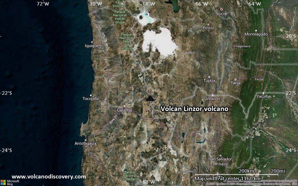 Satellite/aerial-type map of Volcan Linzor volcano (region scale small)